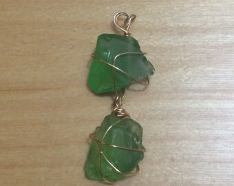 Double Drop Down light green Sea Glass Pendant