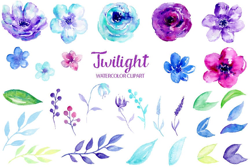 Watercolor Clipart Twilight blue and purple flowers