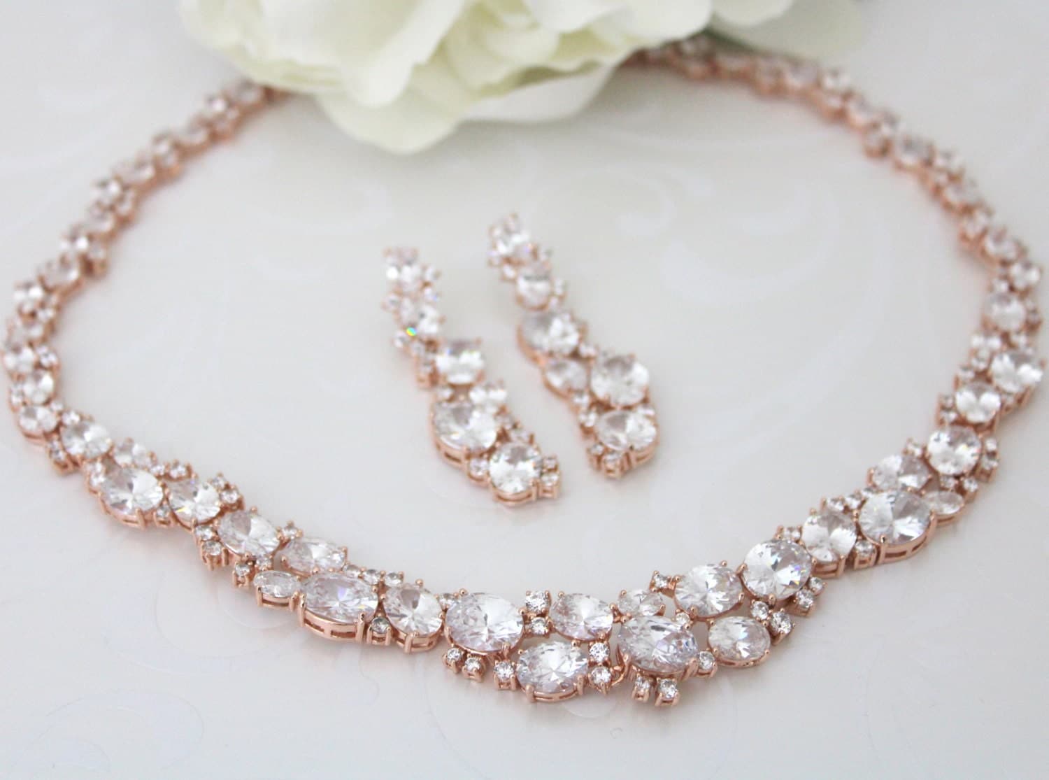 Rose Gold Necklace Set Crystal Bridal Necklace Rose Gold 8055