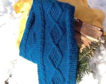 SALE!! Dark teal cable knit scarf, deep teal with distinctive diamond cables, celtic knit, classic style, soft wool blend