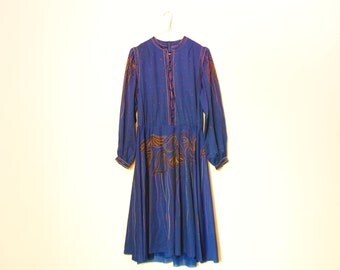 Long Sleeve Dress, Blue Vintage Dress With Buttons And Ornaments And Lining, Ornamental Dress