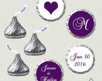 Printable Hershey Kiss Labels, Wedding Kiss Stickers, Eggplant Purple Wedding, Monogram Kisses, Wedding Kiss Favor, Hershey Kiss Stickers