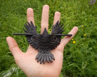 Leather hairpin Raven, black leather hairpin, leather barrette, leather stick hair, black leather raven