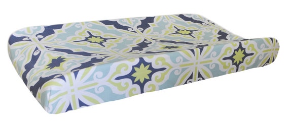 Unisex Aqua Navy & Lime Green Changing Pad Cover by NewArrivalsInc