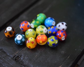 Handmade Round Polka Dot Lampwork Glass Beads, 14pcs