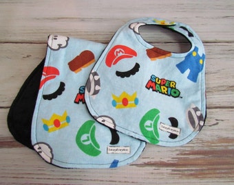 Super Mario Bros Baby Bibs & Burp Set, Mario Brothers Bib and Burp Set, Nintendo Baby Bib and Burp Set, Mario Kart Bibs