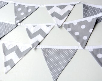 Grey bunting, Nursery decor, Baby shower decorations, baby bunting, monochrome nursery, chevron, fabric bunting, baby girl, baby boy