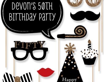 50th Birthday - Gold Party Photo Booth Props - Adult Birthday Party Photobooth Kit with Custom Talk Bubble - 20 Pieces
