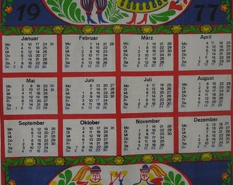 1977 Calendar Tea Towel, Vintage 1977 German Calendar Tea Towel, 1977 Calendar German Tea Towel, Vintage 1977 Calendar Tea Towel