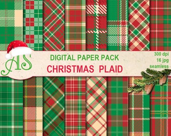 Digital Christmas Plaid Seamless Paper Pack, 16 printable Digital Scrapbooking papers, new year tartan, Instant Download, set 351