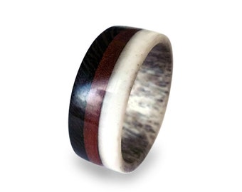 Antler Men Ring with Wenge and Mahogany Wood Ring, Unisex Tricolor Ring