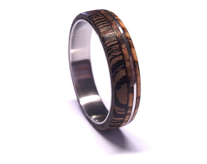 Titanium Ring, Titanium Band with Zebrano and Wenge Wood Inlay