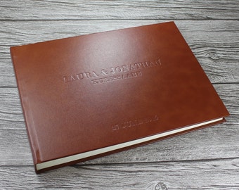 Personalised tan leather photo album – matching personalised leather clamshell box optional - 5 sizes available