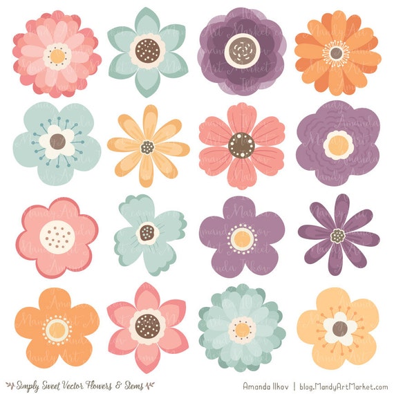 Cute Flowers Clipart in Vintage - Vintage Vector Flowers ...