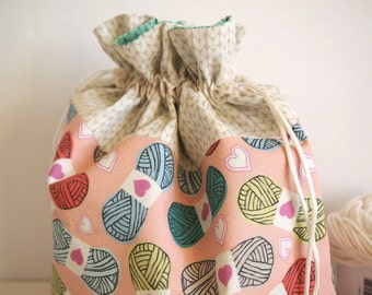 Medium Knitting Project Bag, handmade, original yarn fabric designs, drawstring, 10", 6" x 3.5", perfect for knitting and crochet projects.