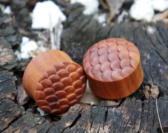 Sawo Wood Mermaid Fish Scales Double Flared Plug 8mm (0G) 10mm (00G) 12mm (1/2") 14mm (9/16") 16mm (5/8") 18mm (11/16") 20mm (13/16")25mm 1"