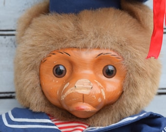 Raikes Bear, Wood Faced Bear, Sailor Bear, Stuffed Bear, Vintage Monkey, Vintage Chimp, Bear Decor, Stuffed Monkey, Large Stuffed Bear