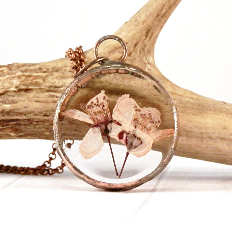 Dried flower necklace real pink flower rustic copper