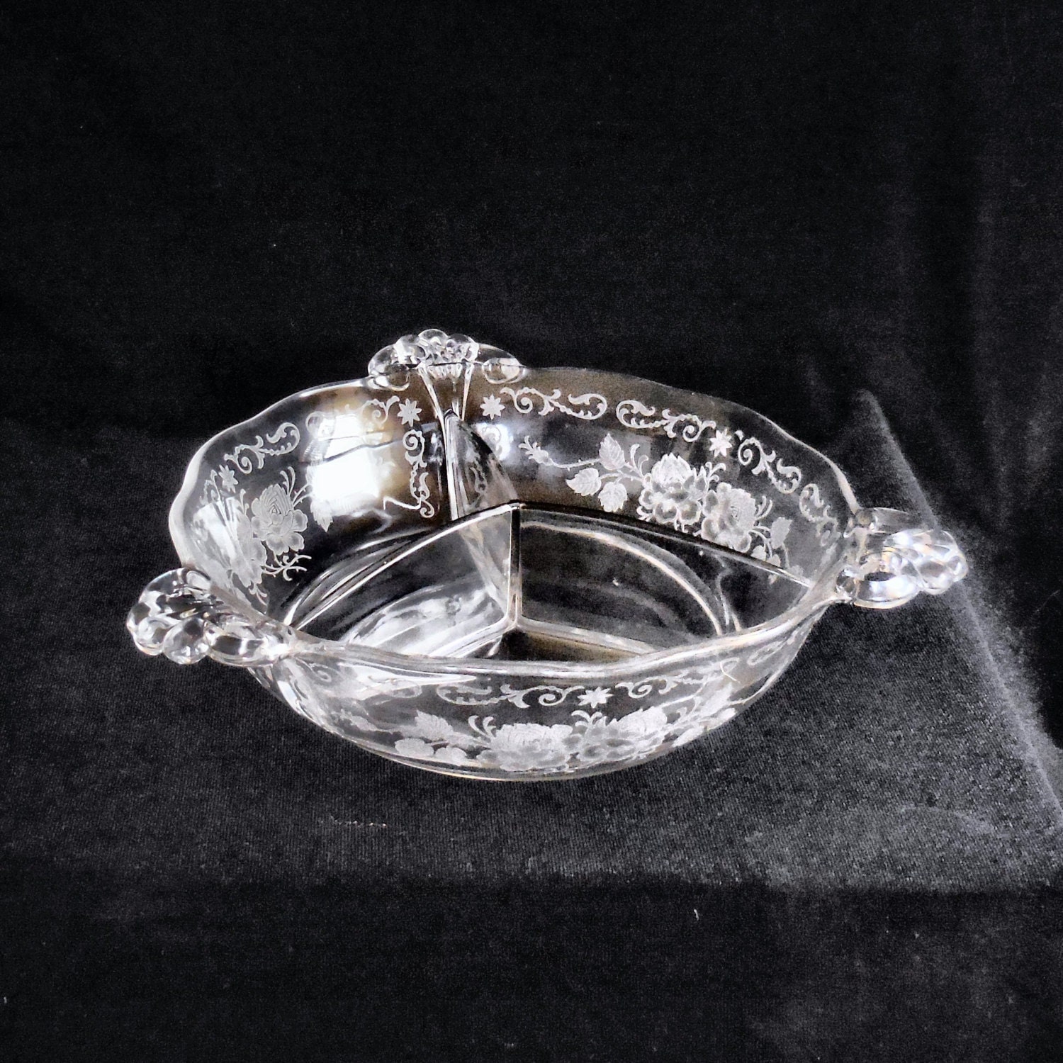Fostoria Crystal Divided Relish Dish in Etched Midnight Rose
