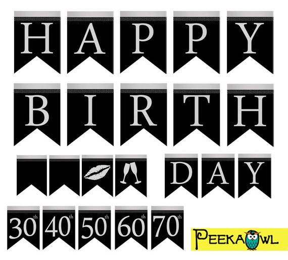 Instant download Black Silver Birthday Banners Printable