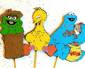 Sesame Street birthday decorations, Sesame Street centerpiece sticks, big bird, cookie monster, Oscar party decorations