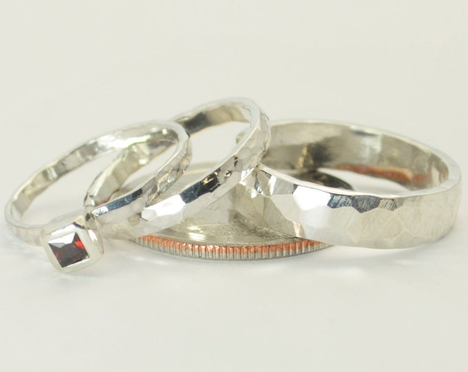 Square Garnet Engagement Ring, Sterling Silver, Garnet Wedding Ring Set, Rustic Wedding Ring Set, January Birthstone, Sterling Silver Garnet