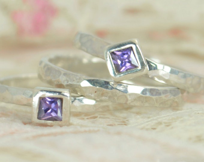 Amethyst Engagement Ring, Sterling Silver, Amethyst Wedding Ring Set, Rustic Wedding Ring Set, February Birthstone, Square Sterling Amethyst