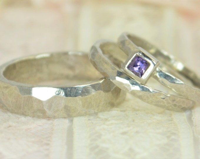 Amethyst Engagement Ring, 14k White Gold, Amethyst Wedding Ring Set, Rustic Wedding Ring Set, February Birthstone, Solid Gold, Amethyst Ring