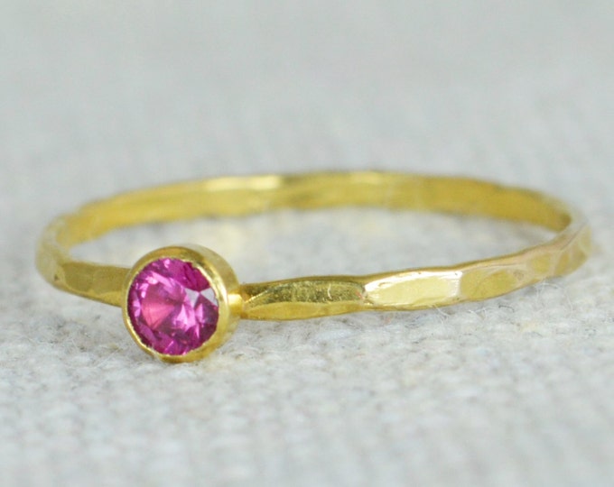 Dainty Gold Ruby Ring, Hammered Gold, Stackable Rings, Mother's Ring, July Birthstone Ring, Skinny Ring, Rustic Ruby Ring, 14K Gold Fill