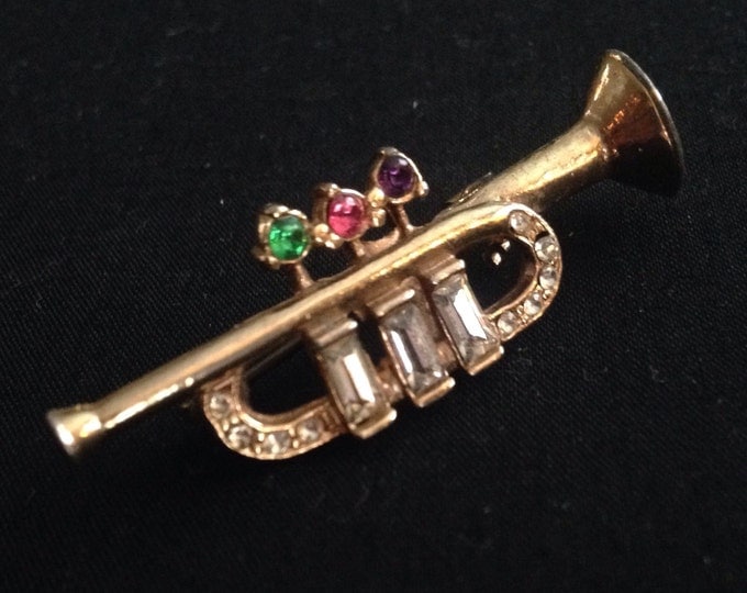 Storewide 25% Off SALE Vintage Gold Tone Musical Designer Trumpet Brooch Pin Featuring Rhinestone Accented Design