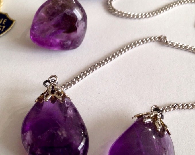 Storewide 25% Off SALE Vintage Art Deco Silver Tone Amethyst Necklace & Matching Amethyst Clip Earrings Set With Genuine Deep Purple Stones