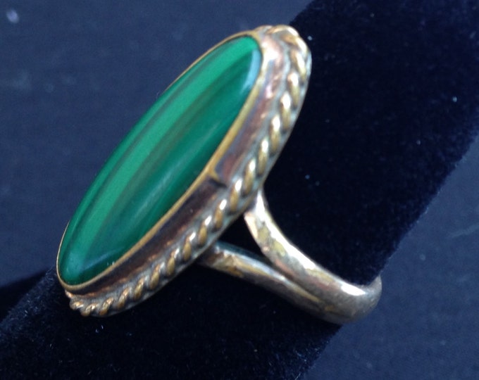 Storewide 25% Off SALE Vintage Gold Filled large Oval Malachite Center Cut Designer Ring Featuring Eclectic Design Style