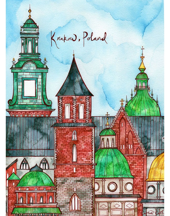 KRAKOW POLAND Print 11X14 Ink and Watercolor Painting