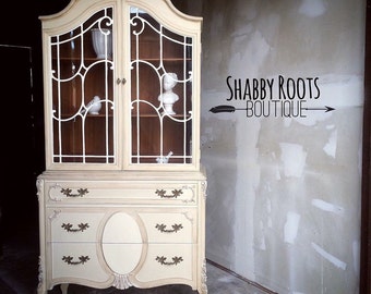 SOLD- Beautiful antique french provincial china cabinet hutch. Cream and white-french cottage. San Francisco Bay area