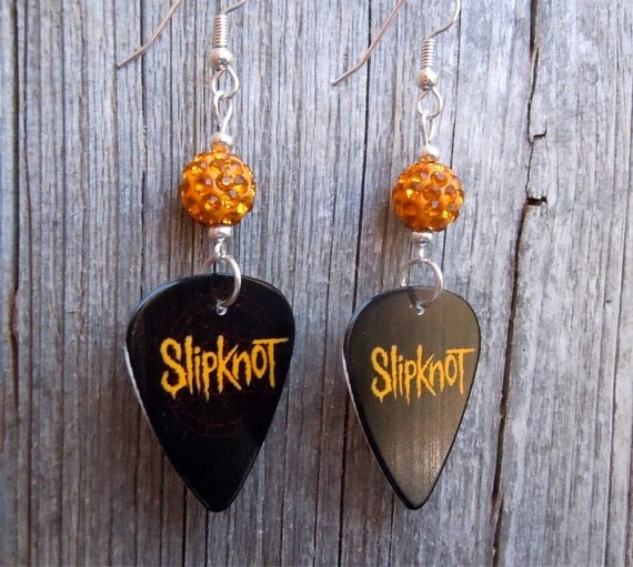 Slipknot Guitar Pick Earrings with Orange Pave by ItsYourPick