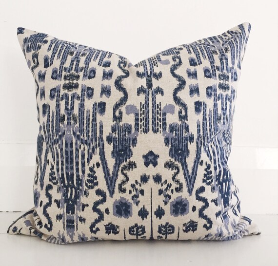 Navy blue ikat & natural linen cushion cover designer