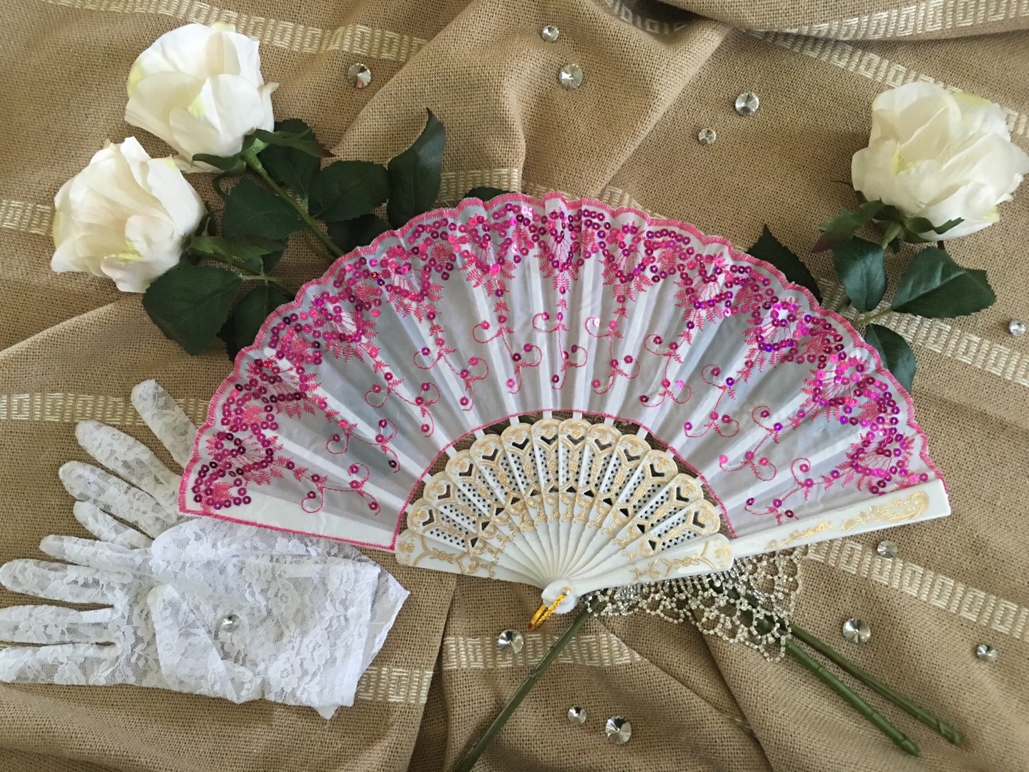 Sequin White Pink Hand Held Fan Wedding Fan Bride Bridal