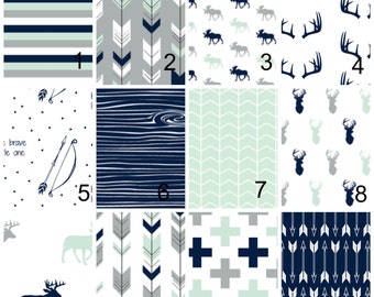 Woodland Baby Bedding - Fitted Crib Sheet, Changing Pad Cover, Crib Skirt, Crib Bumper, Blanket Grey Navy Mint Arrows Feathers Rustic Deer