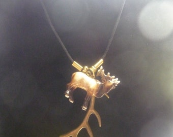 Bugling elk necklace and elk antler earrings: antique gold elk