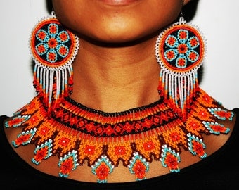 Huichol Jewelry Sets, Native American Jewelry, Seed Bead Necklace and Earrings, Statement Jewelry, Huichol Necklace Earrings, Tribal Jewelry