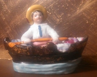 1800's Victorian China Fairing/Boy in Boat/Match Striker/Match Holder/European/Bisque