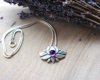Silver Lotus Flower Necklace with Amethyst Crystal