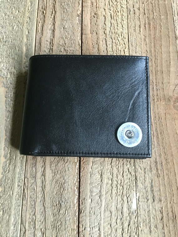 Mens black leather bifold wallet nickel remington 12 gauge