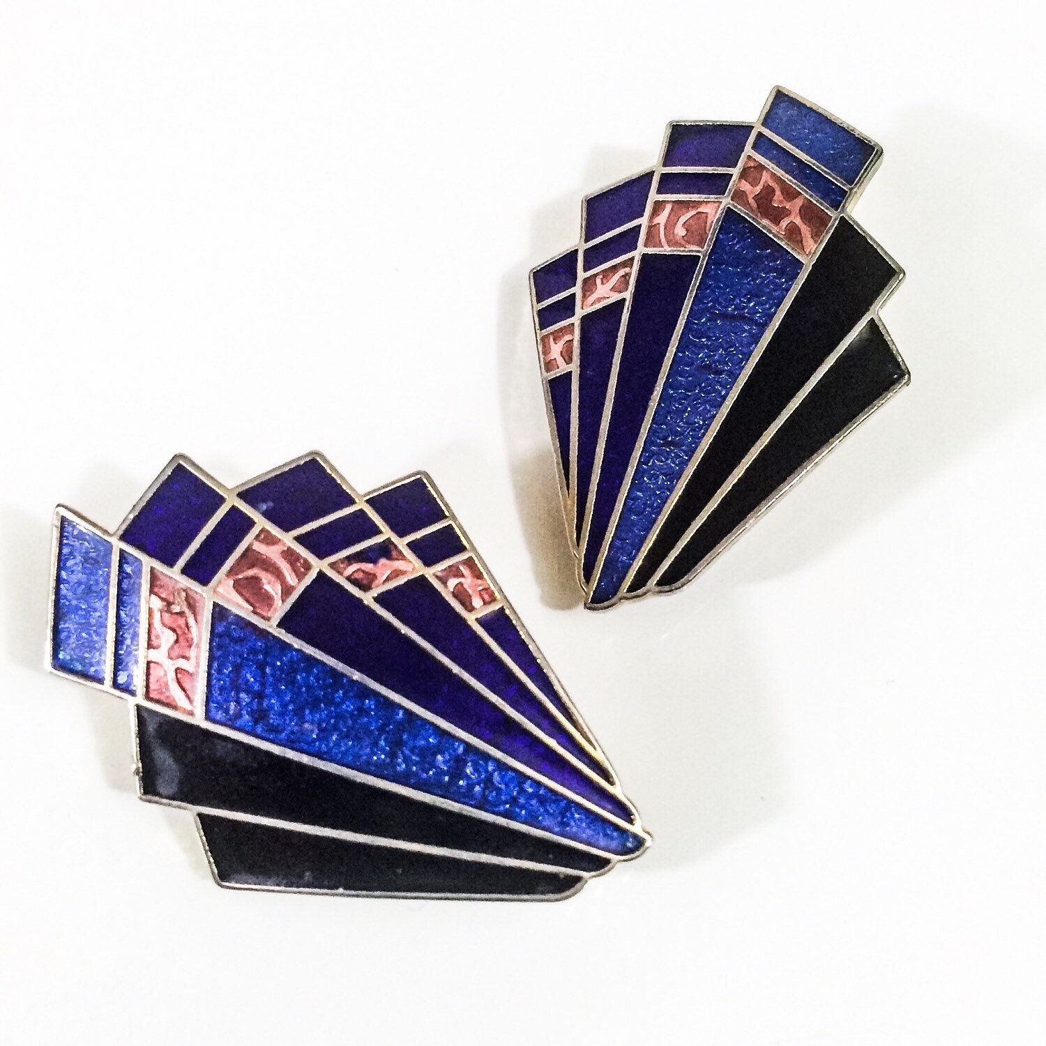 Vintage Cloisonné Enamel Art-Deco Skyscraper Earrings. Gold