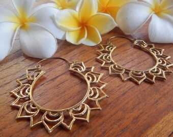 Brass Earrings, Lotus Earrings, Hoop Earrings, Bohemian Jewelry, Gypsy Jewelry, Ethnic Jewelry