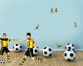 SALE -50 % - Soccer Players In Yellow-Black Uniform - 14 Hand-Painted Furniture /Tile /Wall Football Decals - Home Decor Stickers