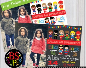 SUPERHERO PARTY Invitation, Two kids Superhero Party Birthday invitation, Twins Party invite, joint birthday party, sibling birthday
