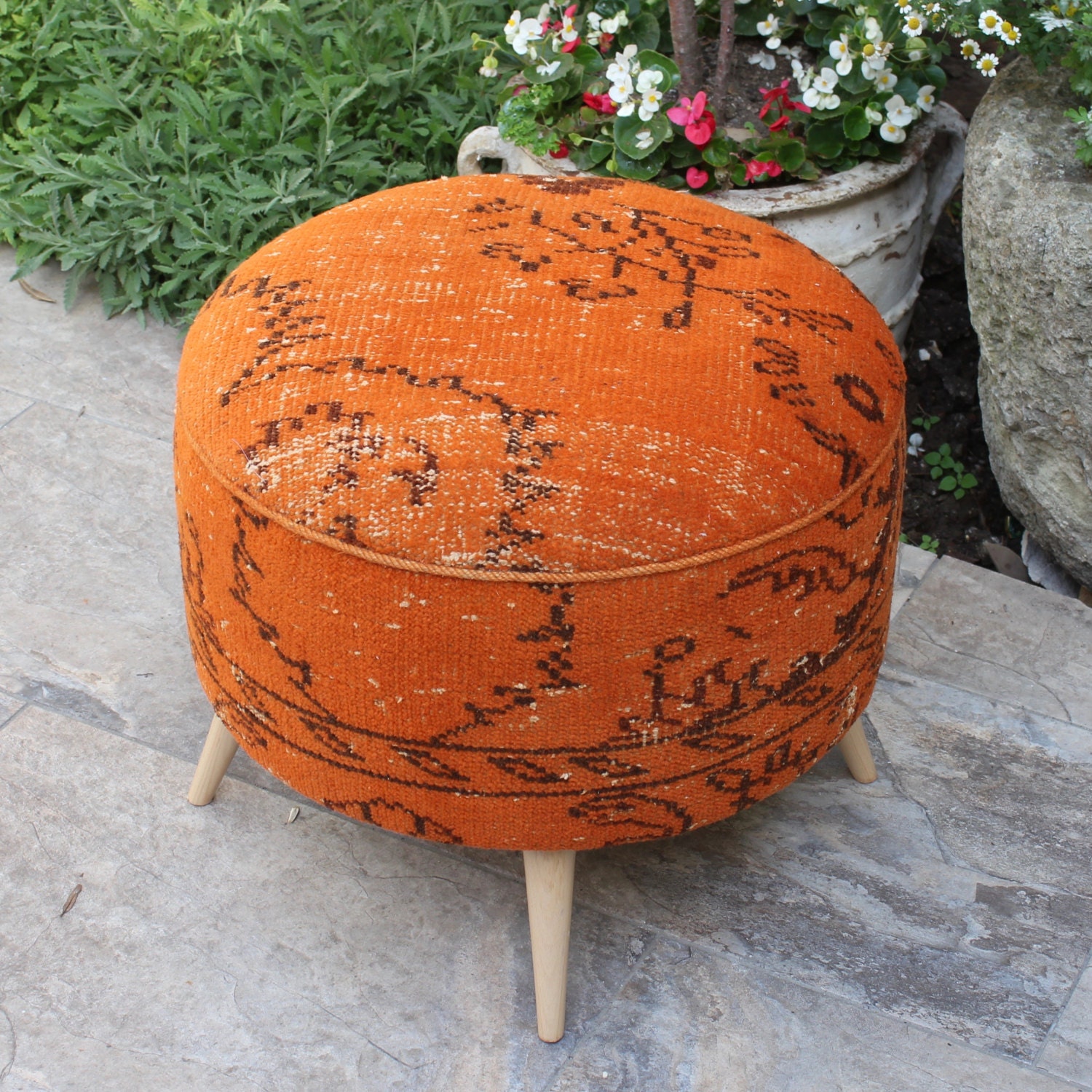 Round Ottoman Upholstery Ottoman Orange Vintage by DjemOverdyedRug