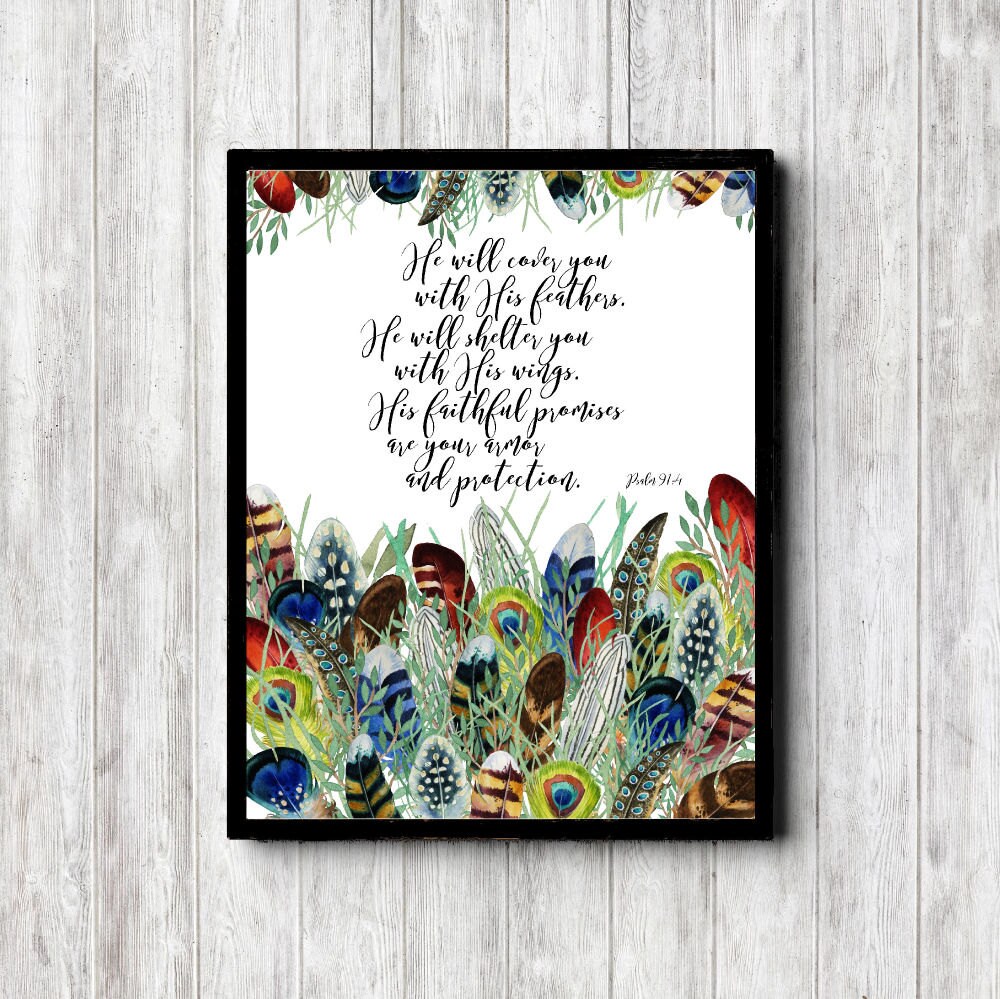 Psalm 91 :4 Scripture Wall Art Print Watercolor Feathers