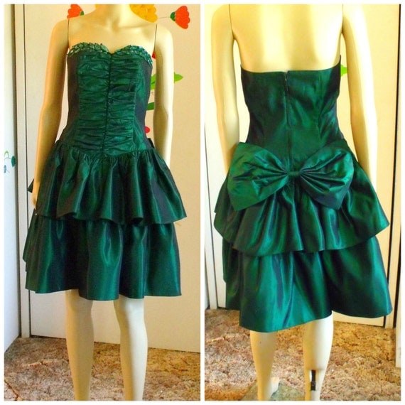 Vintage 1980s Gunne Sax Green Taffeta Prom Dress Strapless